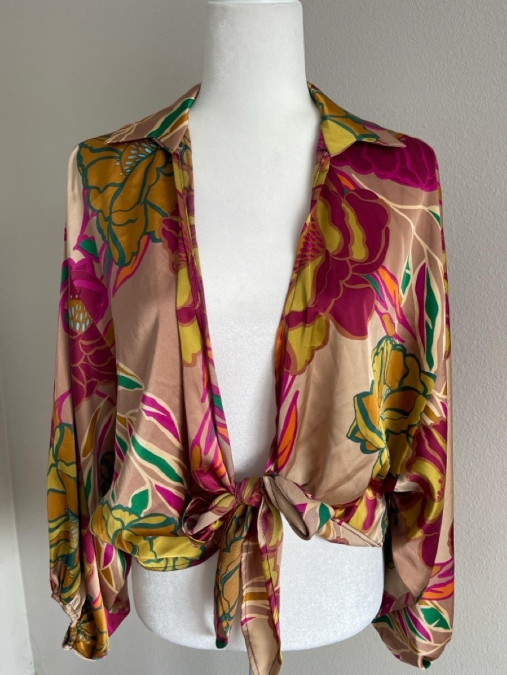 Floral Satin Tie-Front Blouse in Beige, Magenta & Mustard Size S/M